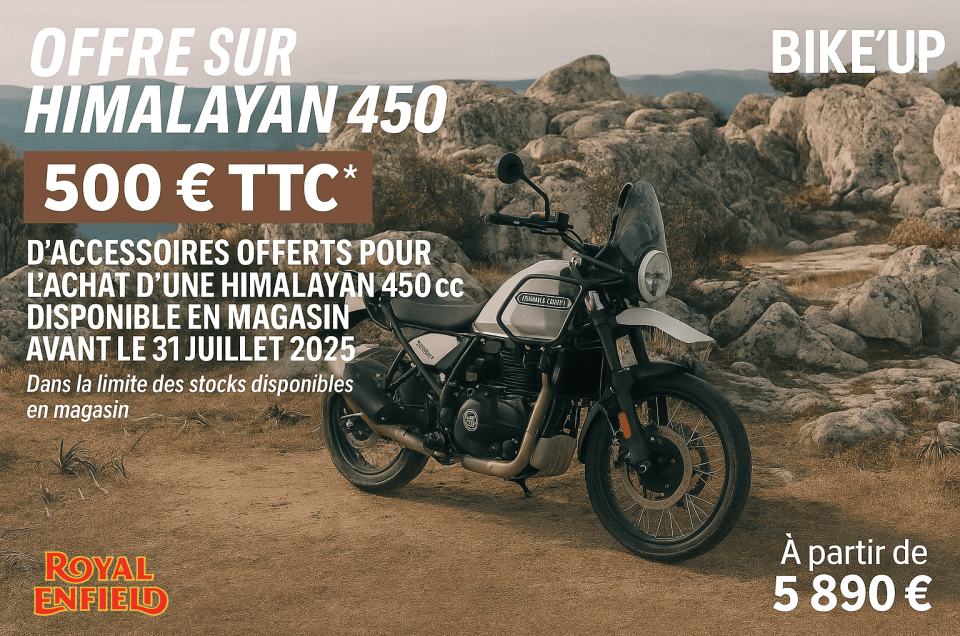 Offre exclusive : 500 € d’accessoires offerts pour l’achat d’une Royal Enfield Himalayan 450 chez Bike’Up Nice !